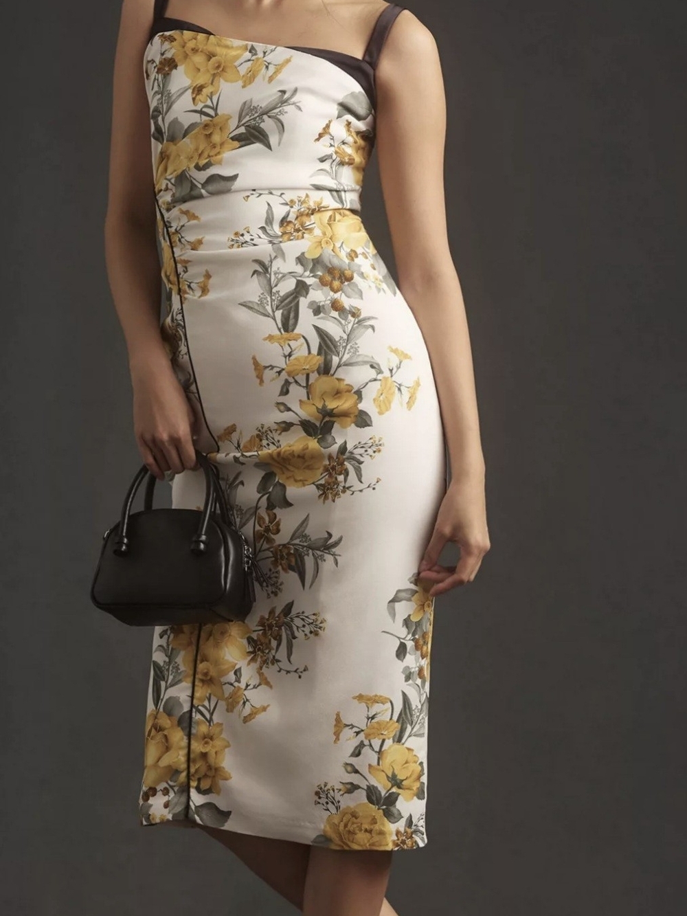 Maeve White Midi Dress with Yellow Floral Print and Black Trim